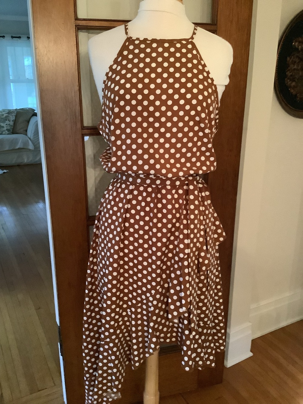 Polka Dot Brown Halter Midi Dress